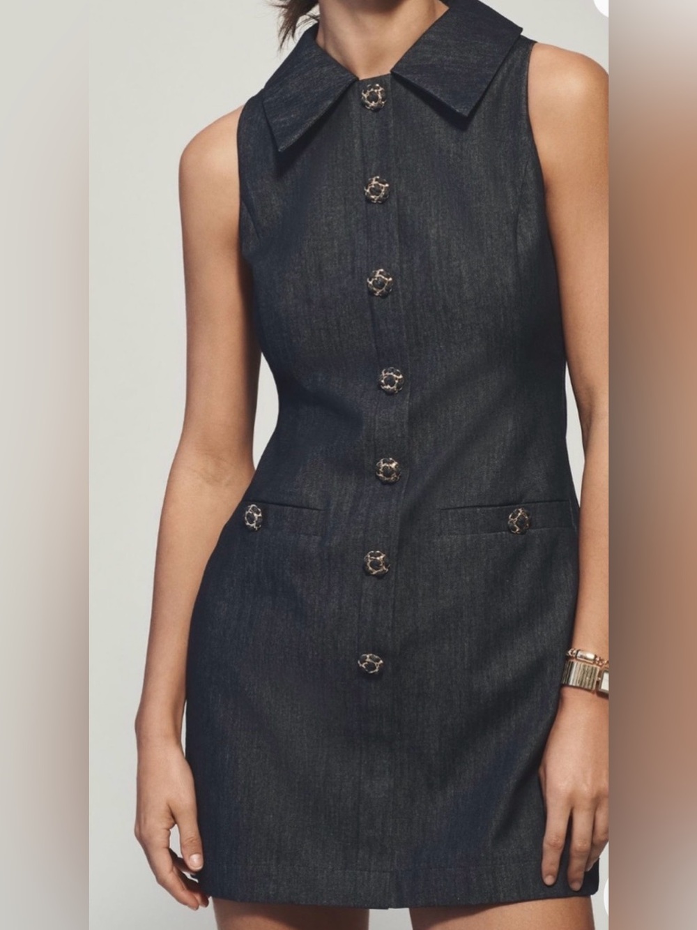 Anthropologie Endless Rose Denim Mini Dress Mod Collared Sleeveless, Size M